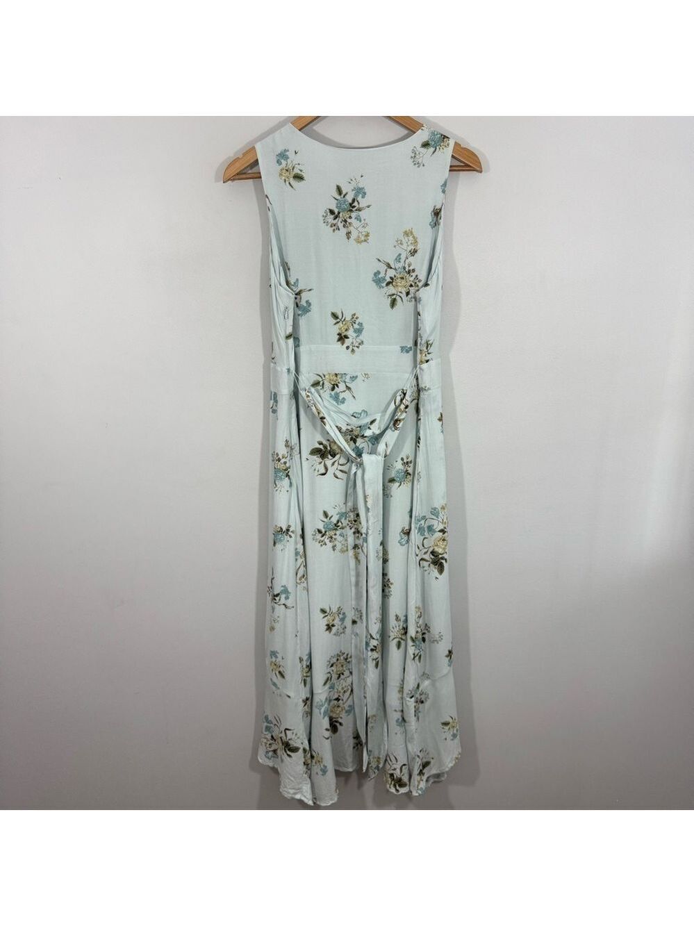 Cleo Petites Blue Floral Midi Dress 14P Wrap Style Sleeveless Ruffle Hem Garden - Picture 9 of 15